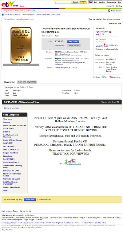 skptraders eBay Listing Using our Baird Gold Bar photograph